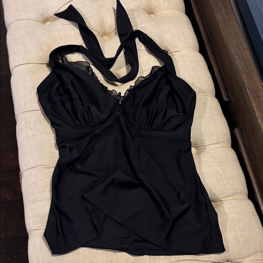 Black Swimsuit Top with Lace Trim